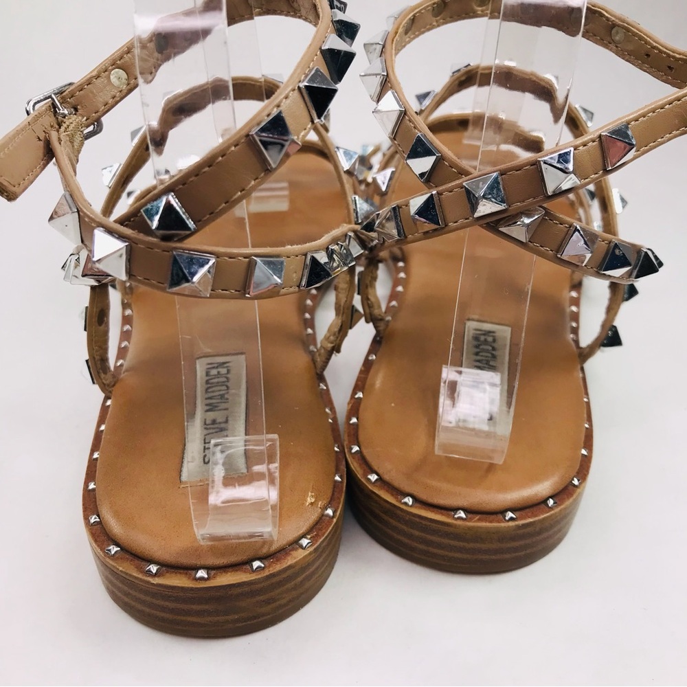 Steve Madden Women's 10 Tan Nude Gladiator Studded Flat Ankle Wrap Sandal - Picture 5 of 10